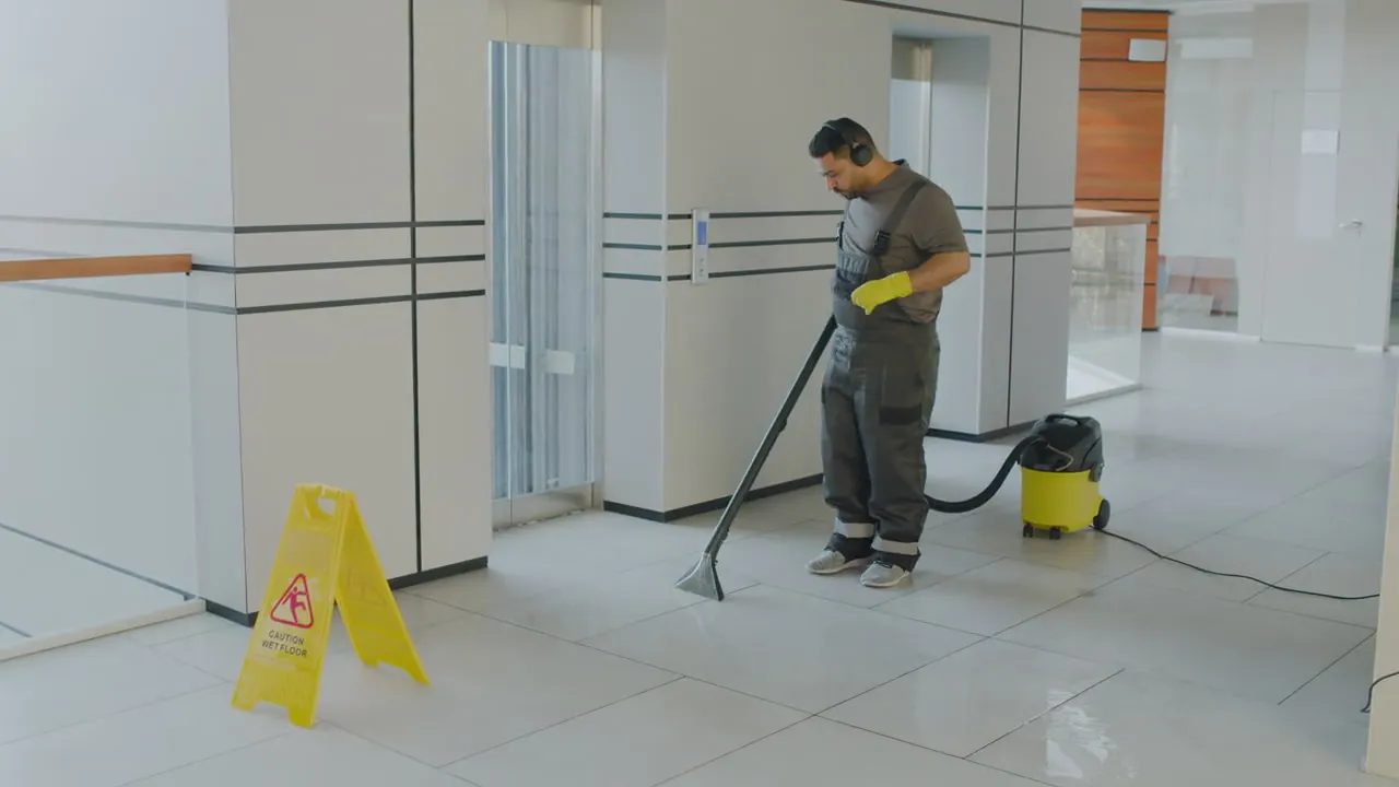 Medewerker reinigt de vloer in een lifthal, met waarschuwingsbord voor natte vloer